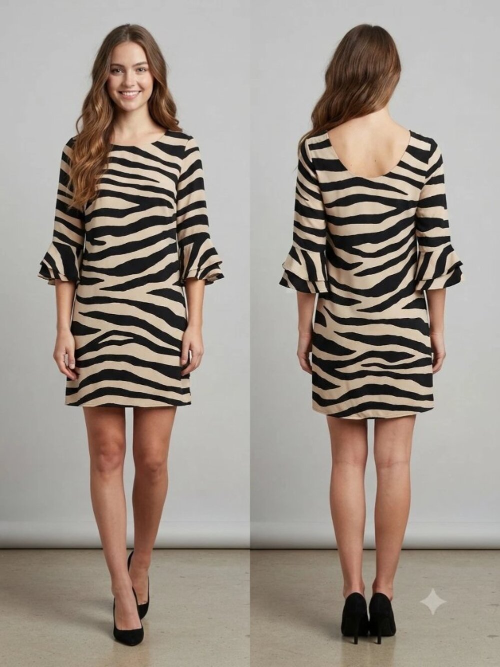 Kate Spade 100% Silk Zebra Print Shift Dress Ruffle Cuff Pockets Size 4